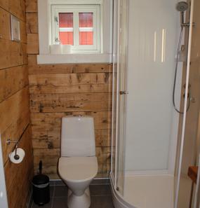 Bad med gamle trevegger, toalett og dusj
