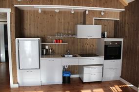 Spesielt tilpasset kj&oslash;kken, alt tilgjengelig for rullestolbrukere. Et kj&oslash;leskap, en oppvaskmaskin, en komfyr og en stekeovn.